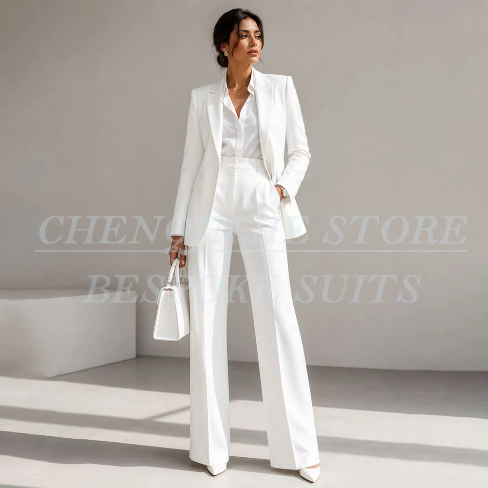 White Office Lady Women's Suits Elegant One-Button Peak Lapel Straight 2 Piece Jacket Pants Sets Customzied Work Outfits