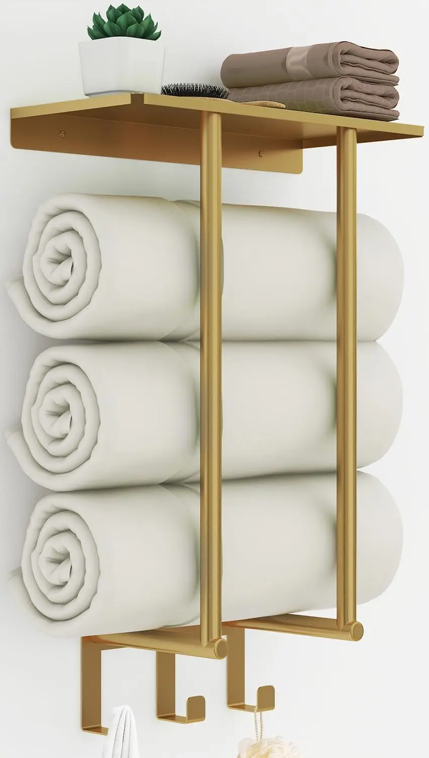 

Towel Rack with Metal Shelf and 3 Hooks, Towel Racks for Bathroom Wall Mounted, Metal Gold Bath Towel Holder Storage Wall