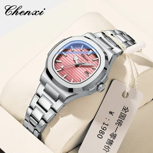CHENXI 8222 nuevos relojes para mujer, reloj de pulsera de cuarzo de acero inoxidable plateado elegante a la moda para mujer, reloj de regalo femenino