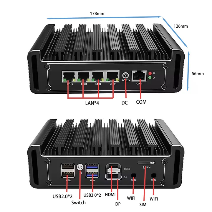 كمبيوتر مكتبي صغير بدون مروحة N100 WIFI DDR5 COM جهاز توجيه ناعم لجدار الحماية للاستخدام التجاري متاح أنواع قابس AU US CN #6