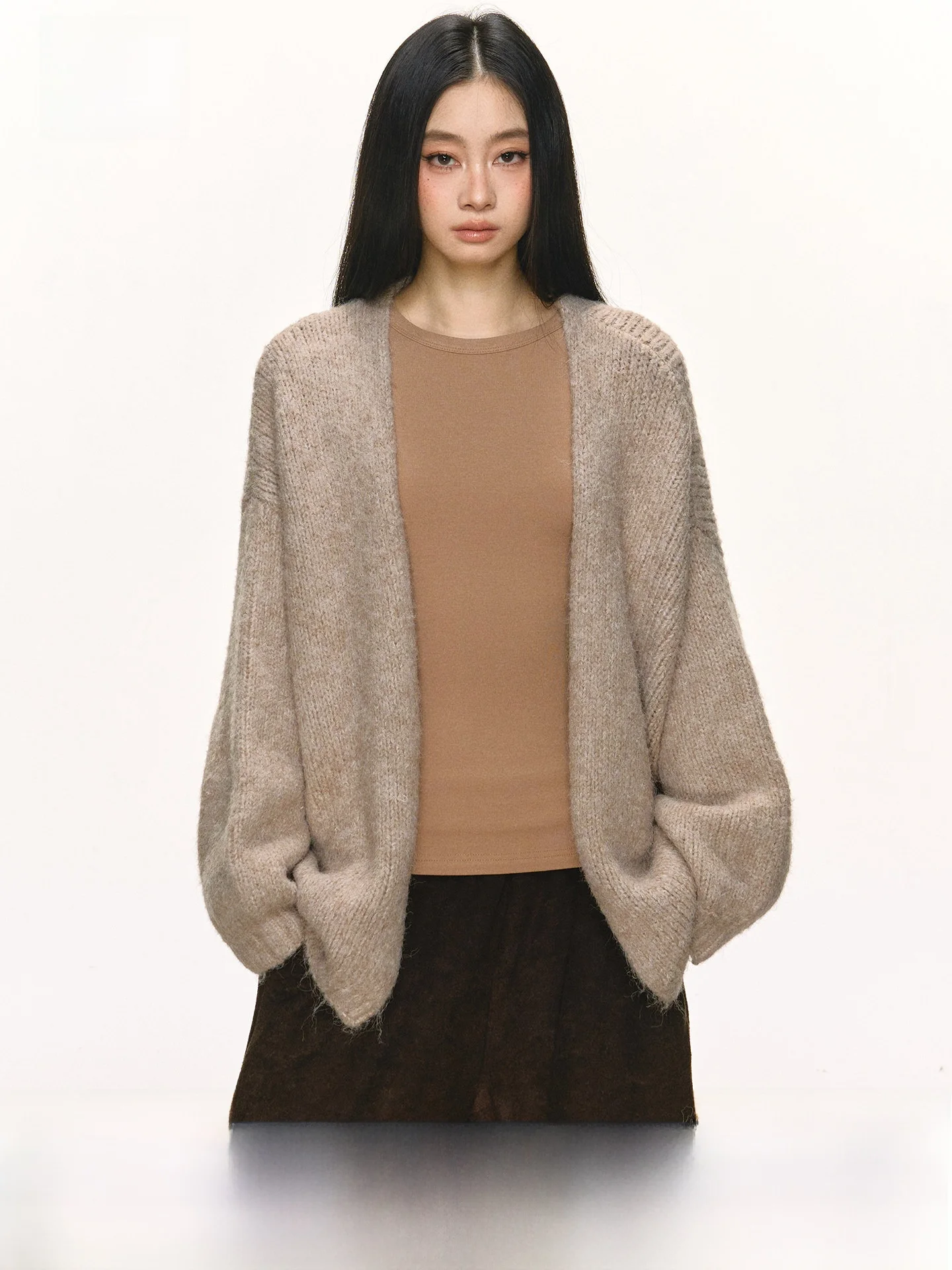 

Anna Aneae Women's Loose Knitted Sweater Coat Soft Furry Blanket Thi Needle Outerwear Cardigan Long Sve round Ne Mid-L...
