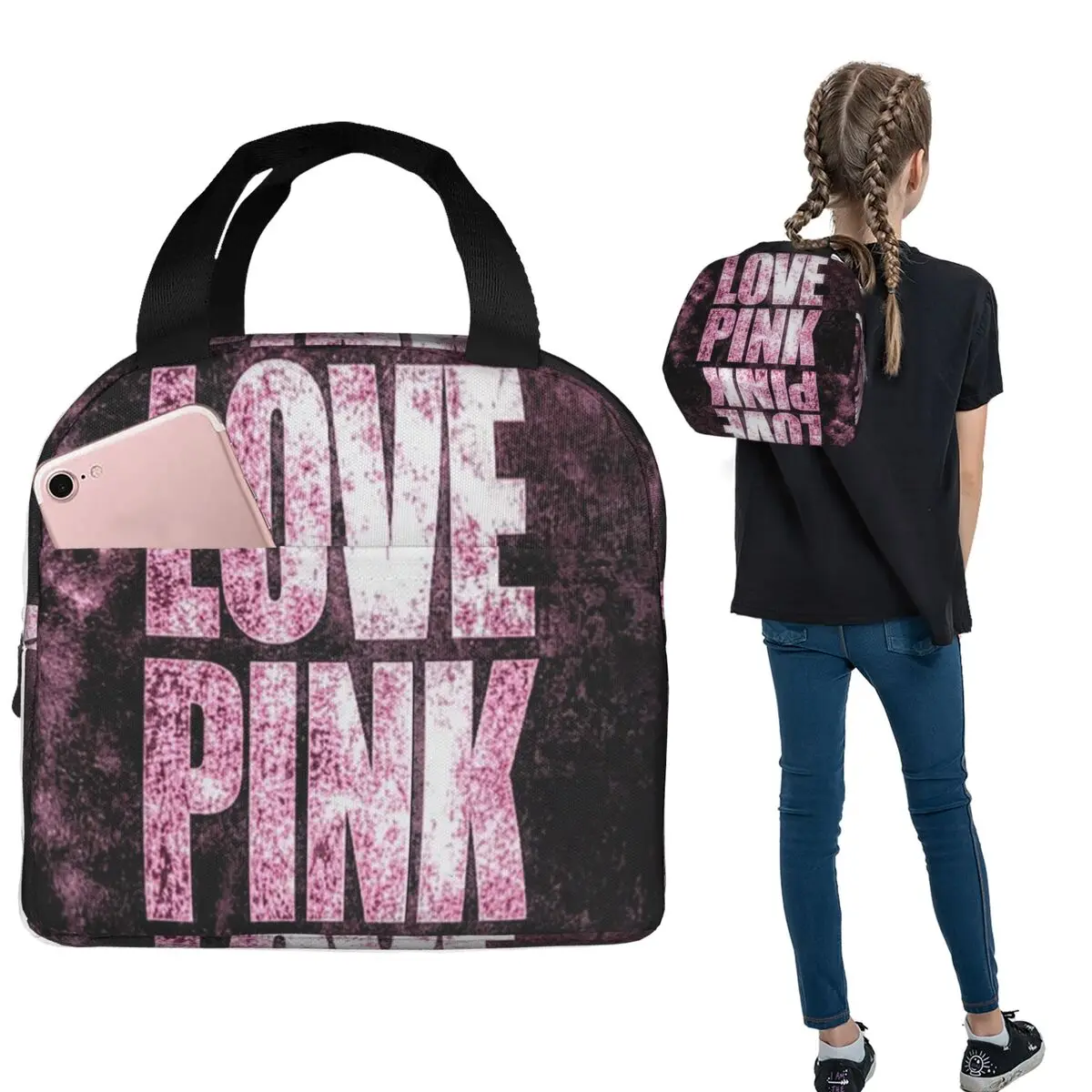 

Love Pink Insulated Lunch Bag for Women Kids Leakproof Food Boxes Thermal Lunch Box Tote