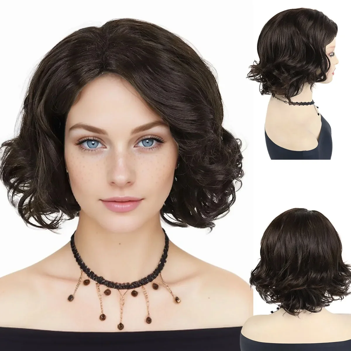 Synthetic Brown Wigs for Women Short Hair with Bangs Curly Wig Natural Hairstyles Mother Gifts Mommy Wigs Wave Casual Daily Wear