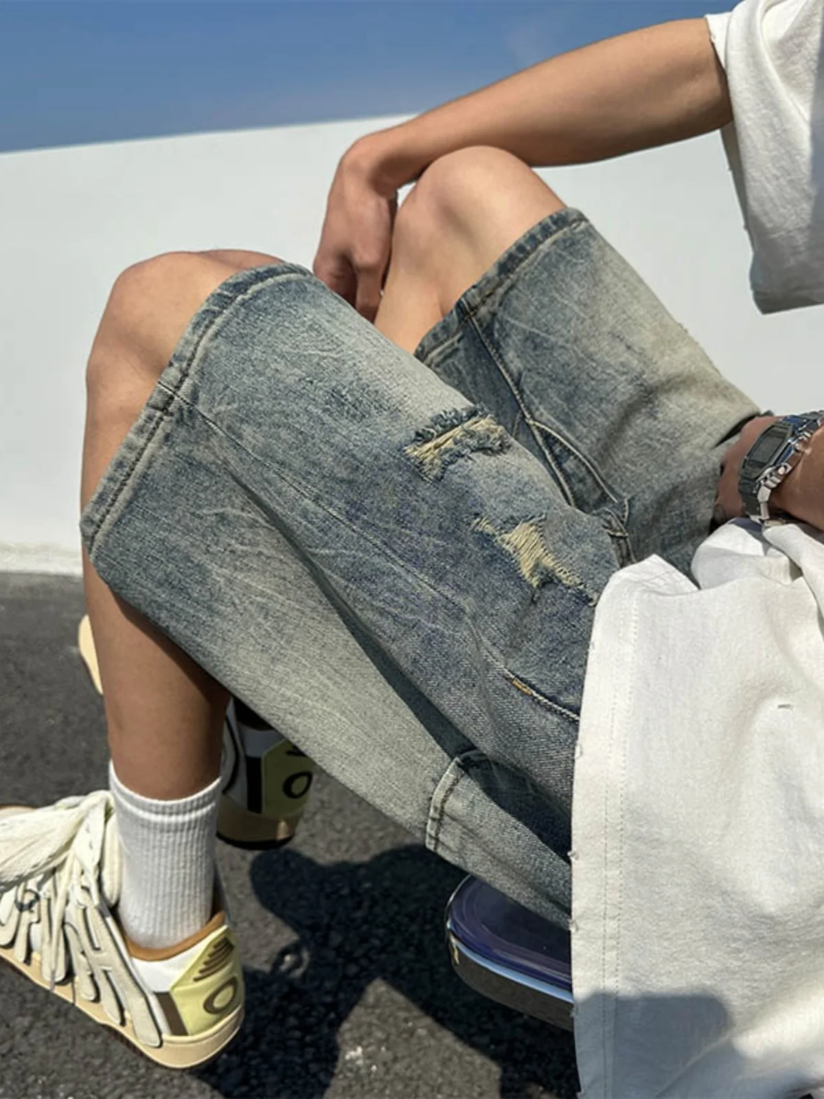 

Summer Men's Distred Denim ort Pants Five Parts Waed Casual Versatile Loose American Sle Retro Japanese Sle Tourism