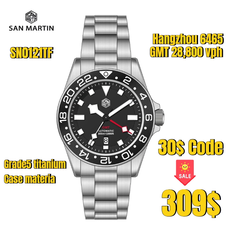San Martin SN0121TF 39mm Upgraded GR5 Titanium Watch HZ6460 GMT Automatic Movement Sapphire BGW9 Luminous Waterproof Watches