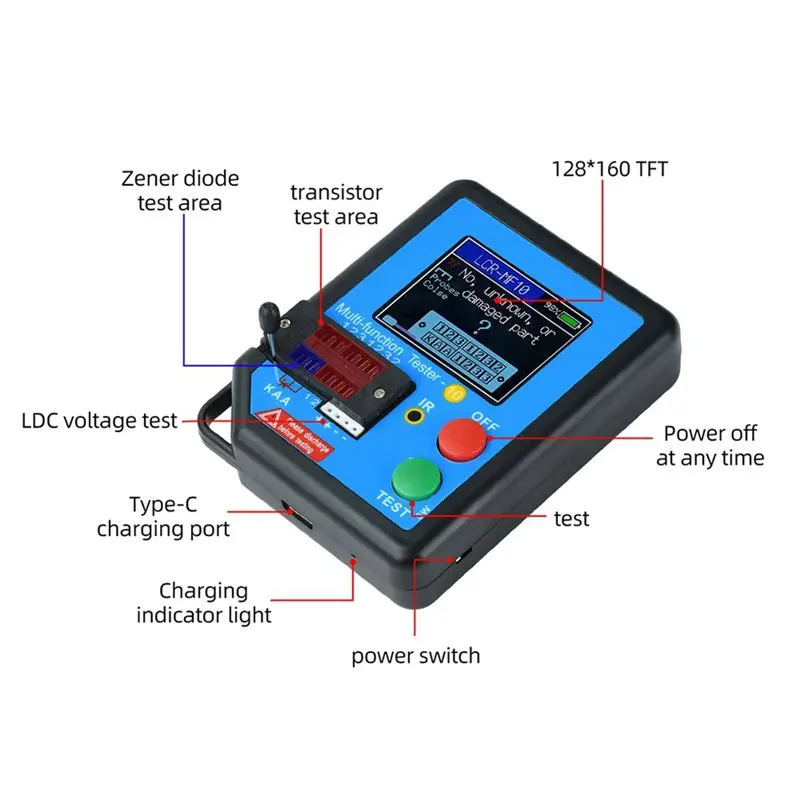 AAAN-LCR-MF10 128X160tft Transistor Tester SMD Testing Meter For Resistor/Capacitor/Inductor/Diode Zener With Auto Recognition