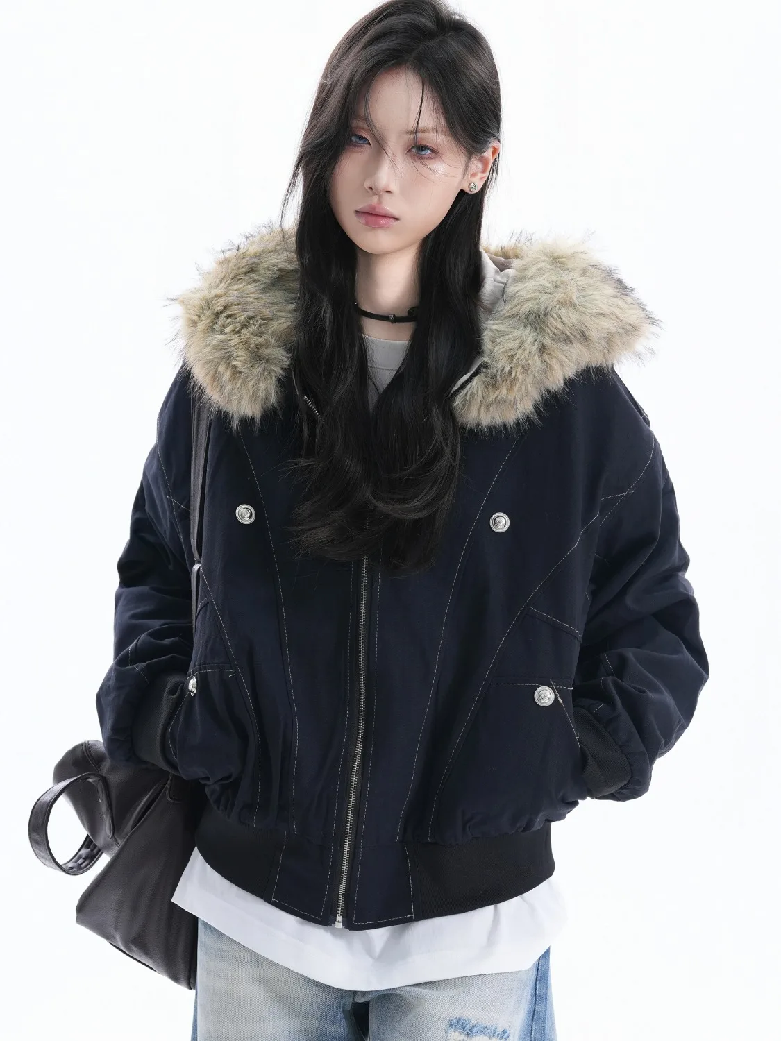

plus Size Winter Jacket Women's Thickened Fleece Lined Hooded Short Coat American Retro Large Fur Collar Cotton Outerwear