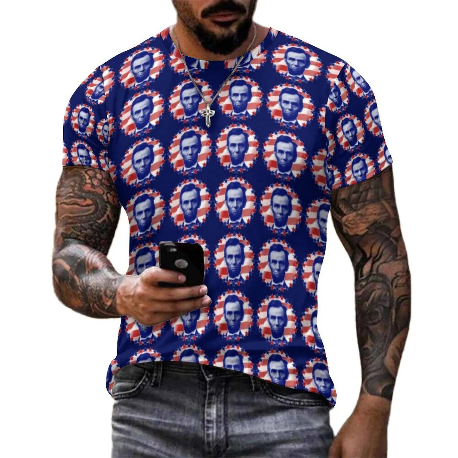 Beach T-Shirt Stars And Stripes Print T-Shirts President Lincoln Awesome Tee Shirt For Men Short-Sleeved Graphic Oversized Tops