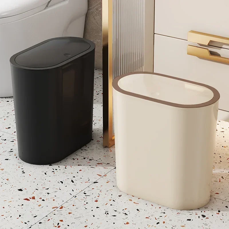 Narrow Side Wastebasket with Cover Press Type Trash Can Solid Colors Can DIY Trash Bin Kitchen Garbage Cube Home Bathroom Bin