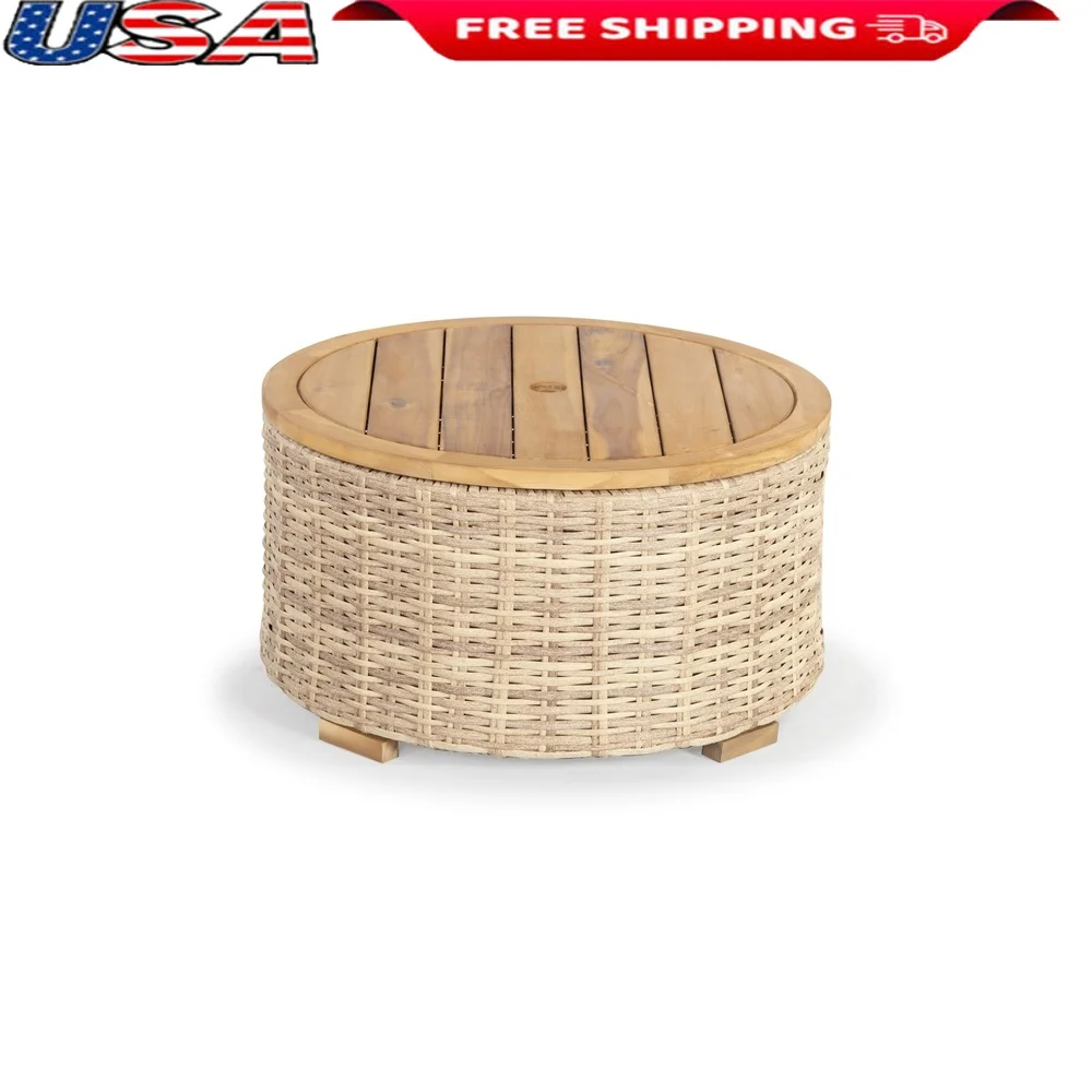 

Outdoor Round Wicker Coffee Table with Storage Acacia Wood Top Durable Weather Resistant Patio Table Decorative Centerpiece