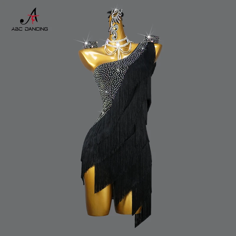 Vestido de baile latino con flecos para mujer, traje Sexy de salón de competición, ropa de práctica, Falda corta, traje de noche de fiesta para adultos, negro, 2024