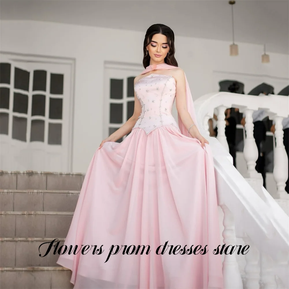 

Flowers Pink Evening Dress Satin Bodice Party Dresses with Crystal and Scarf Prom Gown Chiffon Hem robes du soir Customized