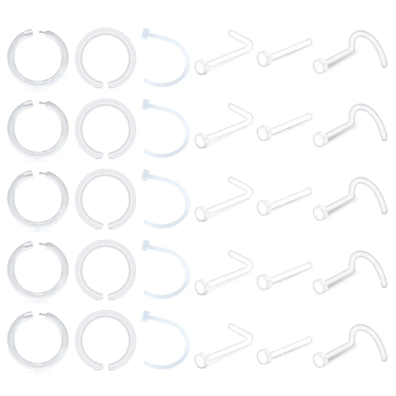 5pcs/30pcs Clear Nose Rings Retainer 20G Nose Hoop Stud Flexible Acrylic Earrings Piercing Retainer Kit for Work Surgery Acrylic