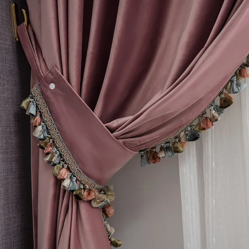 

Modern French Luxury Curtains for Living Room Bedroom Pom Pom Spliced Velvet Princess Blackout Window Curtain Custom Cortinas