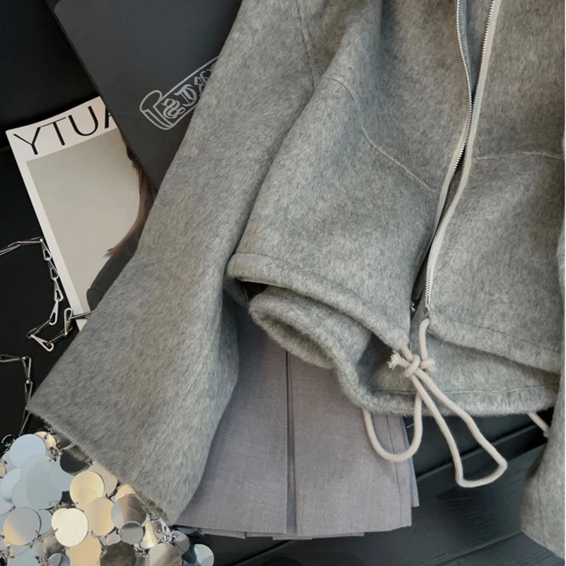 女性レトロソフトフード付きグレーコート春秋デザインセンスカジュアル多用途ぬいぐるみ帽子模造両面ウールジャケット