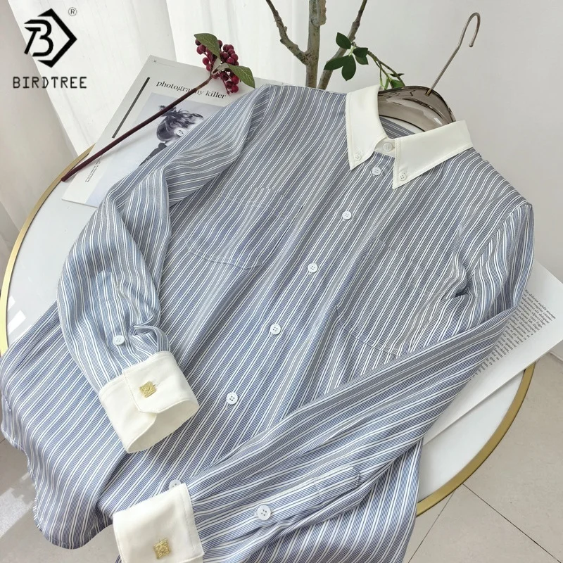 

Birdtree,90% Real Silk 10% Spandex Stripe Blouse,Women's Polo Neck Tops,Full Sleeve,Single Breasted,2025 New Shirt T5D216JF