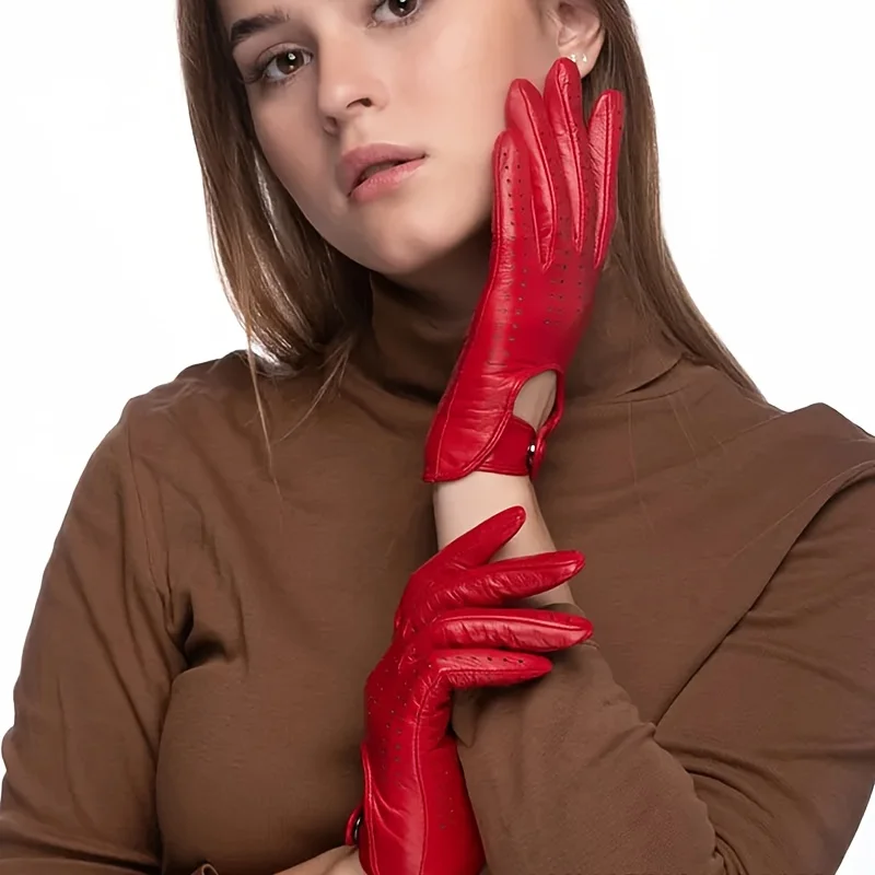 1 Pair Top Layer Sheepskin Gloves Women'S Warm Breathable Perforated Outdoor Riding Sports Single Layer