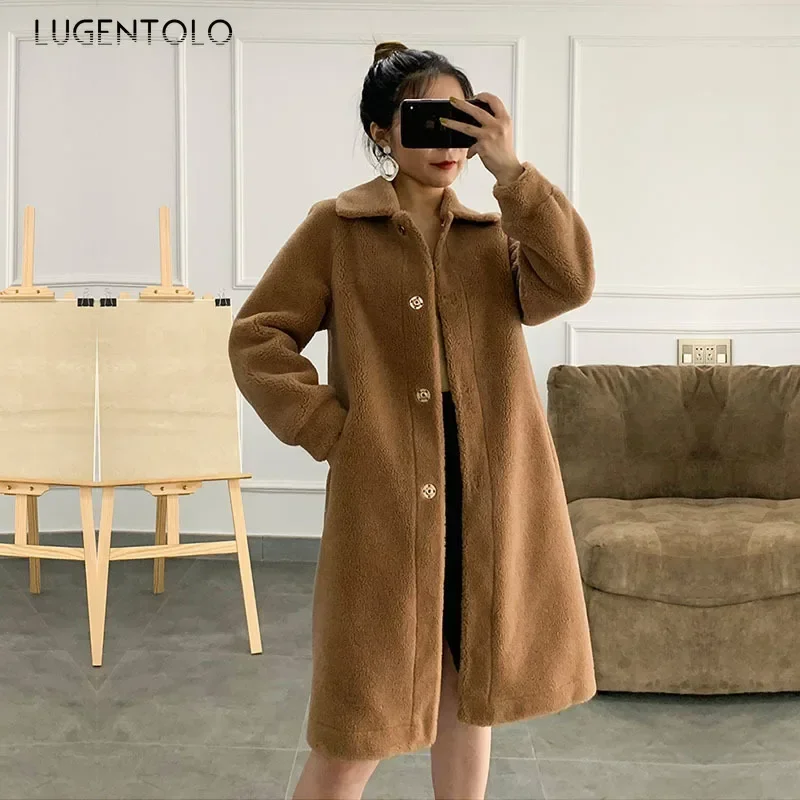 Casaco longo de pele sintética para mulheres, lapela de rua simples, roupas femininas, moda coreana, qualidade quente, elegante, outono, inverno, 2023