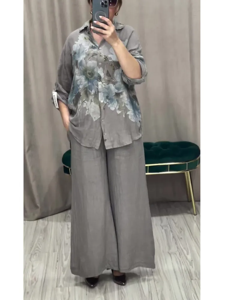 

Two Piece Sets Islam Muslim Women Tops Flower Print Long Sleeve Shirt And High Waist Loose Wide Legs Trousers Casual Pant Sets