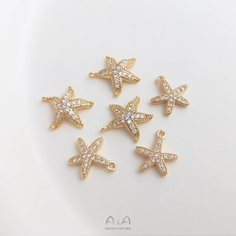 14K Gold Tone Micro-inlaid Zircon Starfish Pendant DIY Chubby Star Necklace Clavicle Chain Bracelet Charm