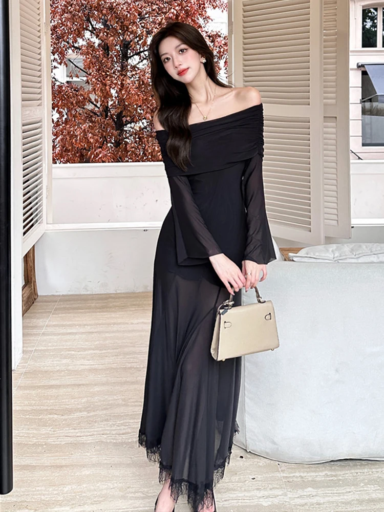 Celebrity Casual Long Evening Prom Dresses donna elegante elastico Sheer Mesh Off spalla Maxi Robe Party Holiday Mujer Vestidos