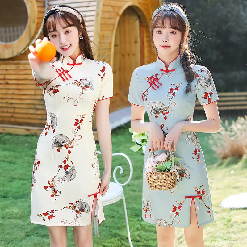 

Summer Print Women Short Sleeve Qipao Chinese Traditional Female Party Dress Catwalk Lady Elegant Lovely Cheongsam