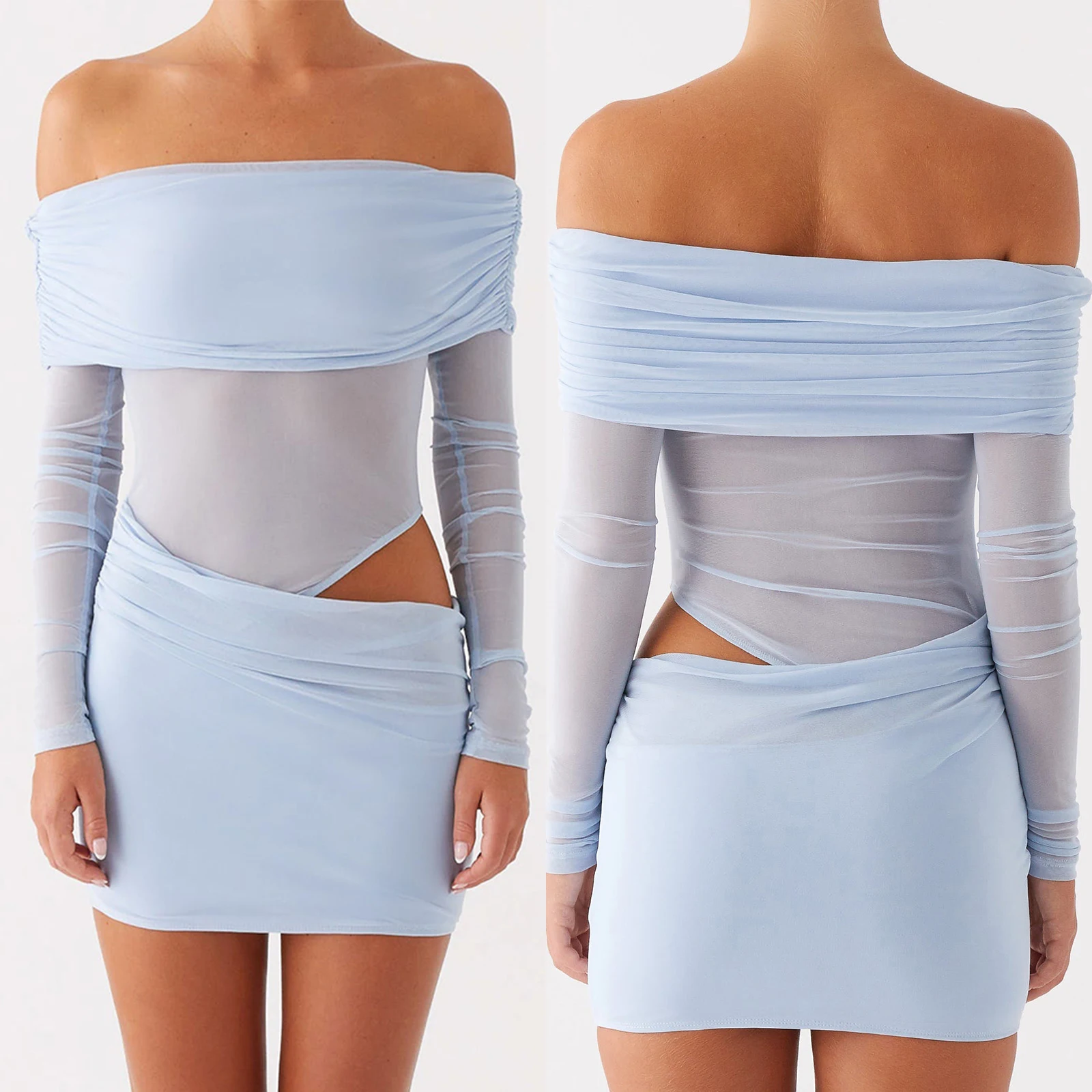 Dames mini off-shoulder jurk slanke ruches effen kleur uitgesneden lange mouw backless korte mesh bodycon jurk voor party club
