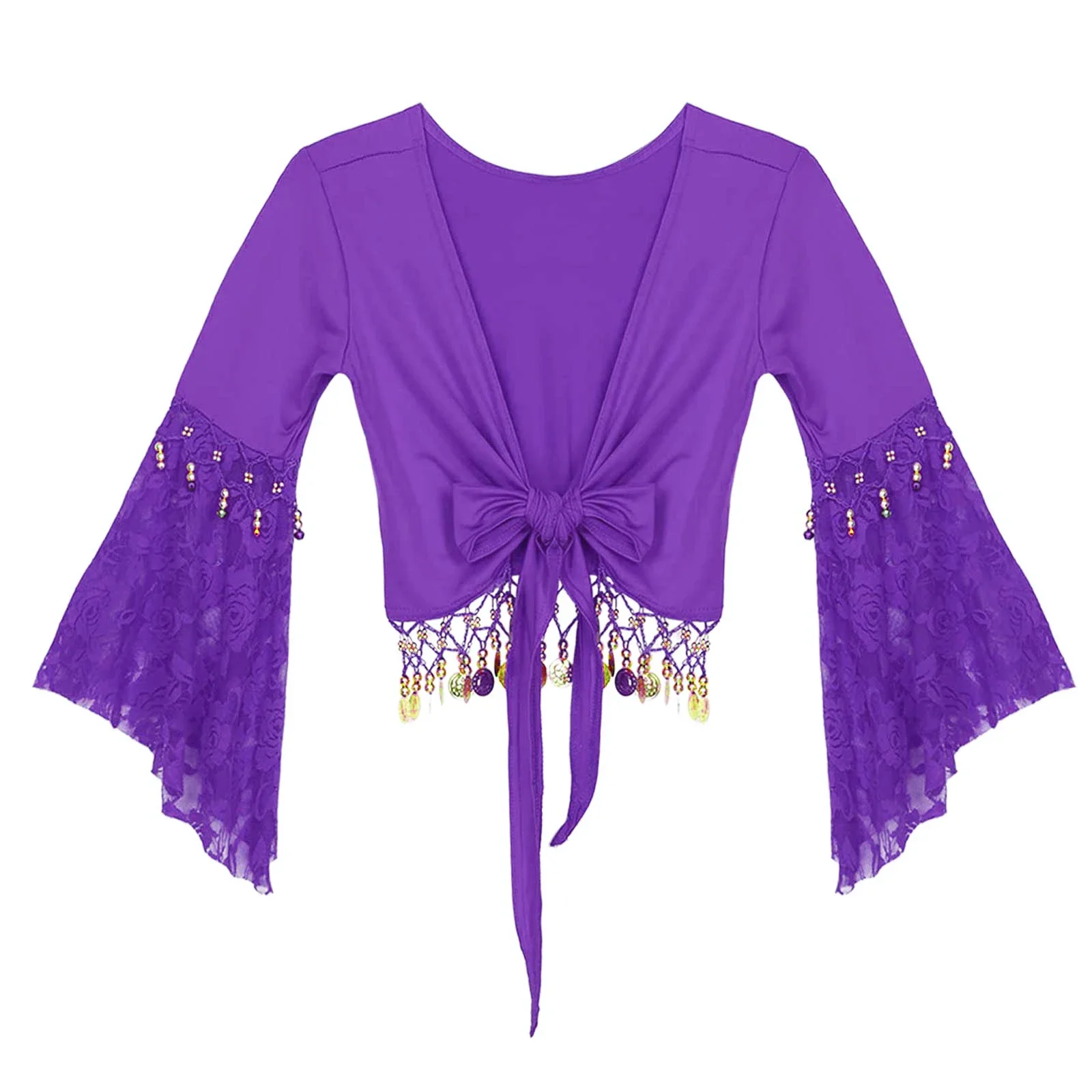

Costume de danse du ventre pour femme, haut court, chemisier à manches longues en dentelle, chemises à nœuds avec glands