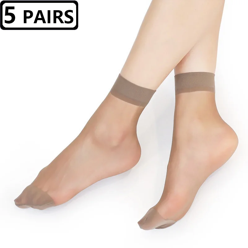5 Pairs Womens Thin Socks Summer Transparent Crystal Silk Sock Black Skin Color Elastic Silky Ankle Short Socks for Girls Socks