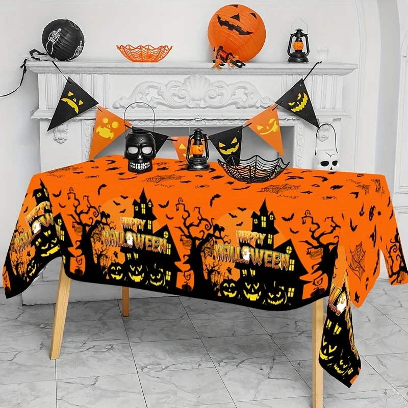 1Pc Halloween Style Tablecloth Orange Happy Halloween Haunted House Pumpkin Bat Print Table Cover For Party Decoration proo