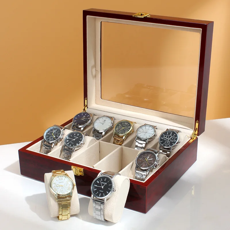 الأسهم الخشب 10 بت ورنيش صندوق ساعة الخشب الأحمر الحبوب رذاذ الطلاء صندوق ساعة صندوق تخزين ساعة صندوق عرض