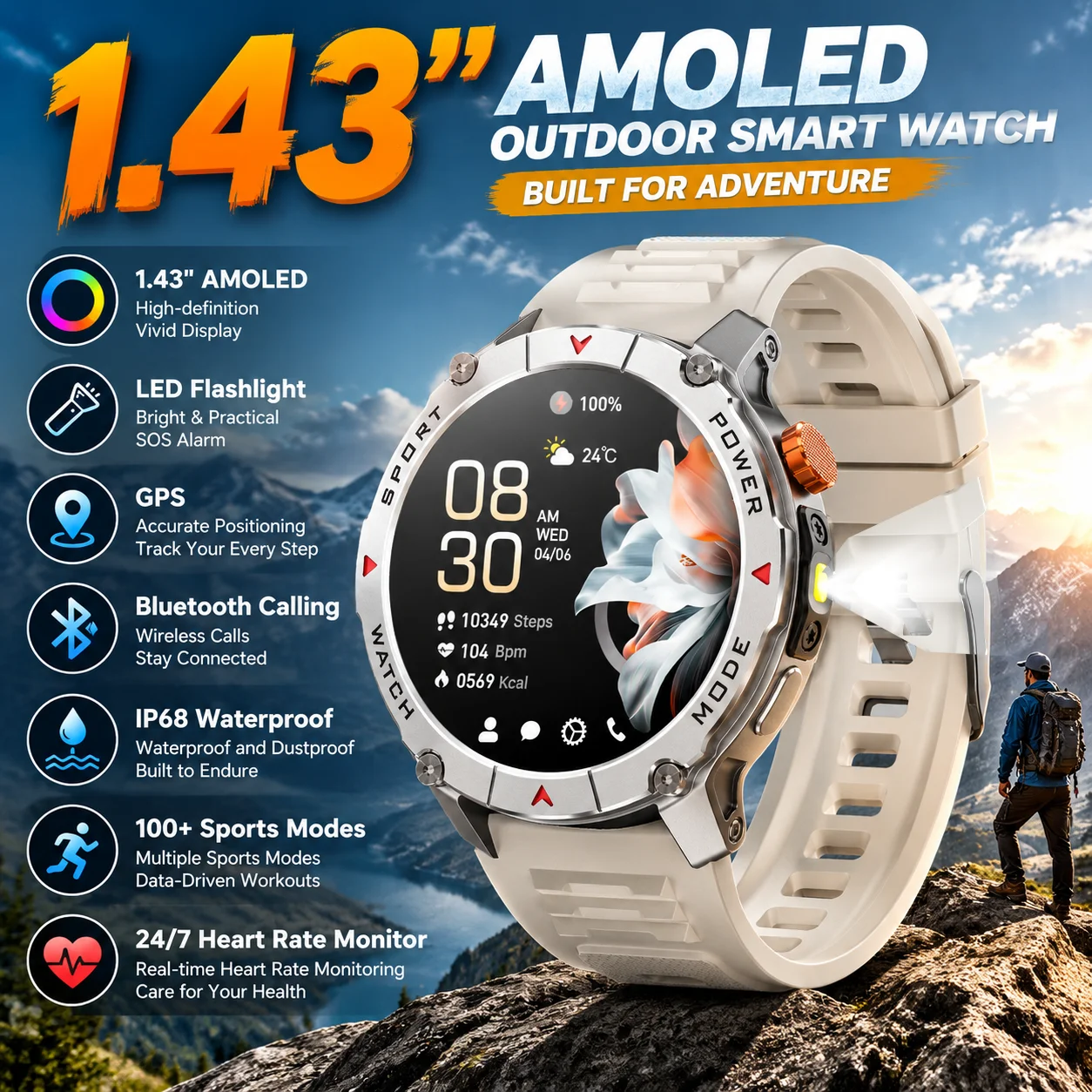T-RX 6 TANK Smartwatch con Batteria Grande da 1400mAh, GPS, Torcia, Chiamate BT, Impermeabile, per Sport e Attività all'Aperto, Smartwatch Militare RU