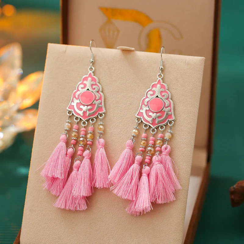 Ethnic Bohemian Tassel Earrings For Women Geometric Enamel Crystal Beads Handmade Long Vintage Female Drop Dangle Earrings Gift
