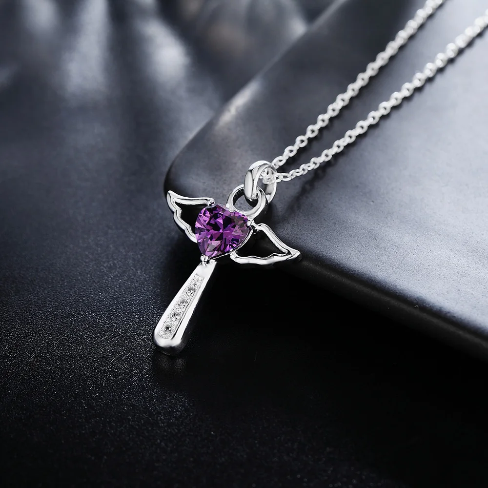 Fashion brand 925 Sterling Silver Necklace For Women luxury Wedding Jewelry angel crystal cross pendants chain neckalce