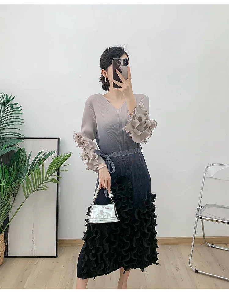 Miyake gaun Midi lipit terbungkus gradien Fashion Vestidos perban longgar renda tinggi kerutan Floral leher V untuk wanita