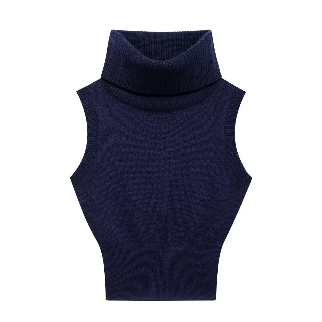 TRAF Sleeveless Knit Vests for Women Turtleneck Cropped Sweater Vest Women Autumn Knitwears Pullover Knitted Jersey Women\'s Vest