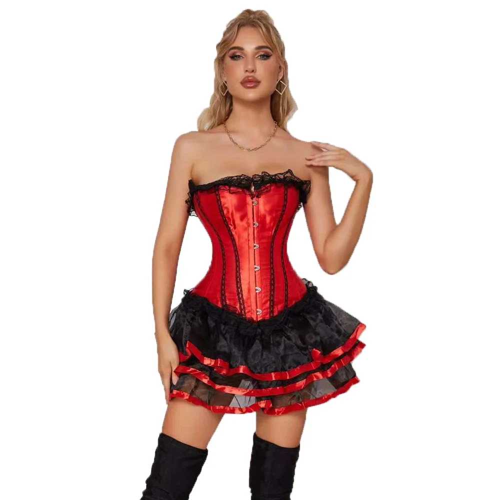 

Red Corset Dress Set Lace Up Overbust Corselet Ruffles Skirt Plus Size S-6XL Outwear Korset Dresses