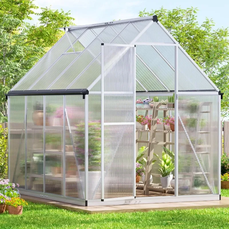 Structure and Roof Vent, Large Aluminum Walk-in Greenhouse for Outside Garden Backyard, 6x8 FT Greenhouse for Outdoors,Silver