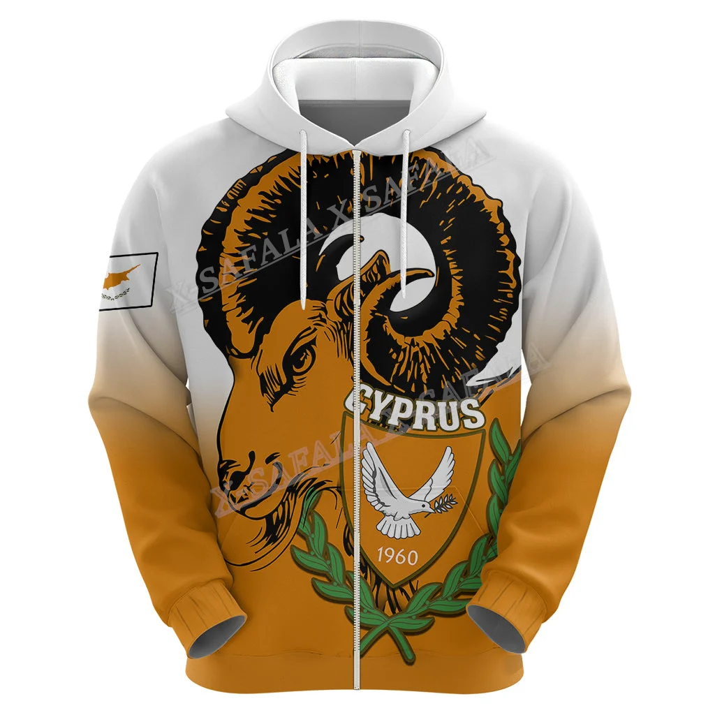 Cyprus National Flag and Emblem 3D Print Zipper Hoodie Men Pullover Sweatshirt Hooded Jersey Tracksuits Outwear Coat Casual