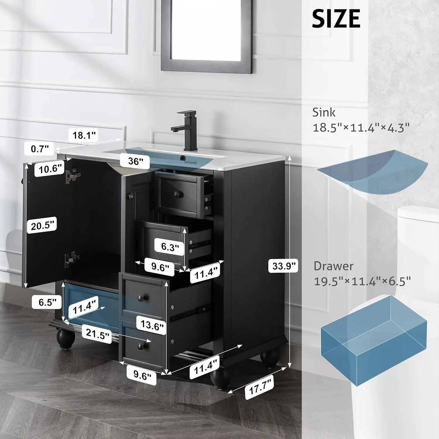 塗装無垢材のバスルームシンク,レトロな洗面化粧台,ひょうたん脚付きの収納キャビネット,ビンテージスタイル,36インチ