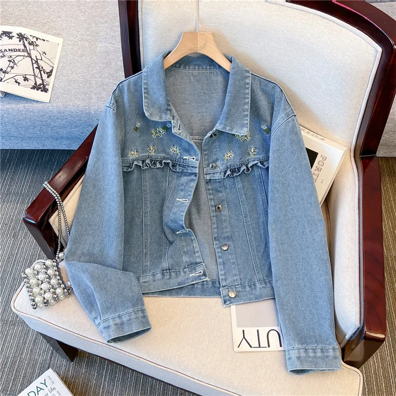 

Винтажная джинсовая куртка с вышивкой и рюшами, синяя, короткая, весна-осень, женская, новая, свободная, повседневная, с длинными рукавами, уличная мода