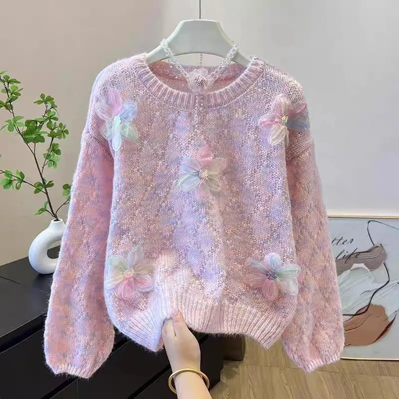 Korean High-Quality Gradient Three-dimensional Flowers Women's Sweater Autumn New Wind Round Neck Short Sweater Ladies Pullover