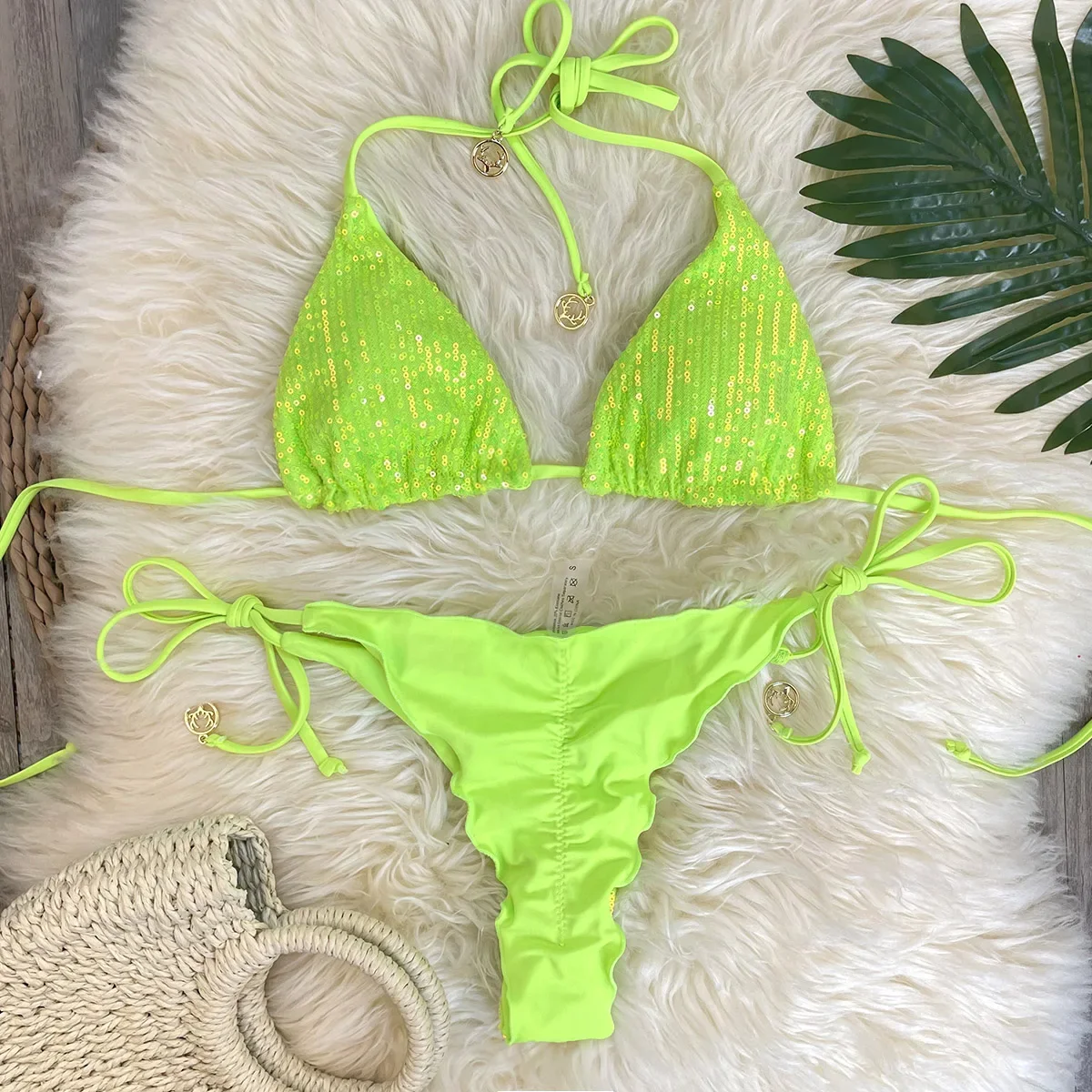 Conjunto de Bikini con lentejuelas brillantes para mujer, traje de baño de dos piezas con purpurina para vacaciones en la playa, verano 2025, trajes de baño Scrunch Bum