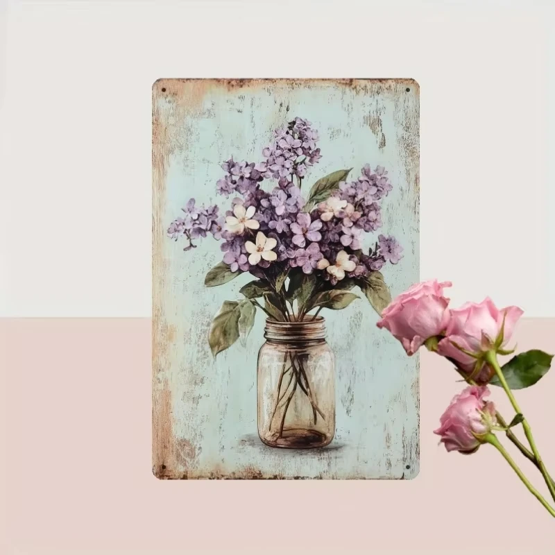 Metal Wall Art Sign - Rustic Violet & Lily Flowers in Wooden Barrel Design, Farmhouse Decor for Bedroom, Dining Room, Country