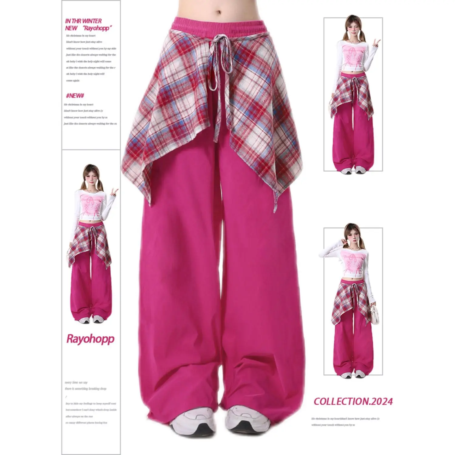 Y2k Vintage Plaid Skirt Red Casual Pants Women Hip Hop Dance Trousers Design Loose Cargo Sweatpants Fashion Straight Pants