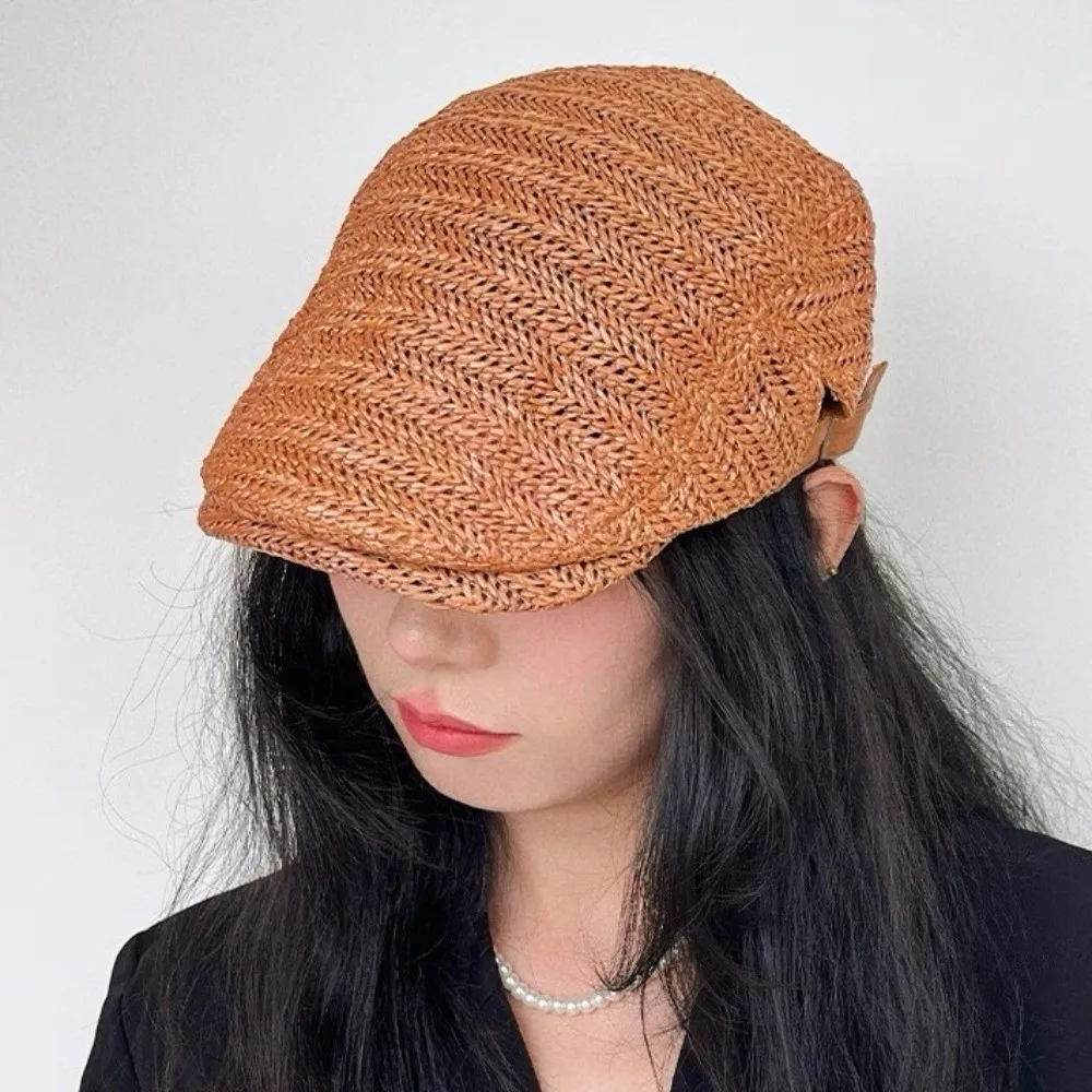 Boina de paja hueca estilo japonés, gorra plana de paja para vacaciones, gorra de marinero, boina de pintor ajustable para playa, para hombre y mujer