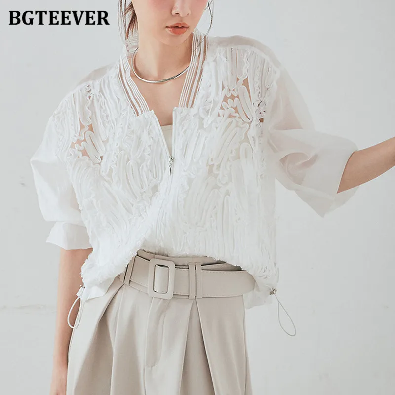 

BGTEEVER Elegant Embroidered Transparent Lace Top for Women Loose Blouse Shirts