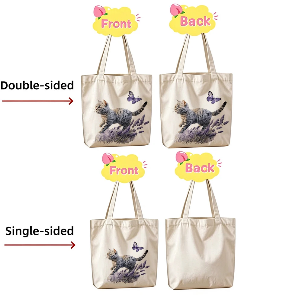 Personalized Lavender Cat Canvas Tote Bag Custom Name Cute Kitten Purple Floral Grocery Shopping Bag Reusable for Women Cat Gift