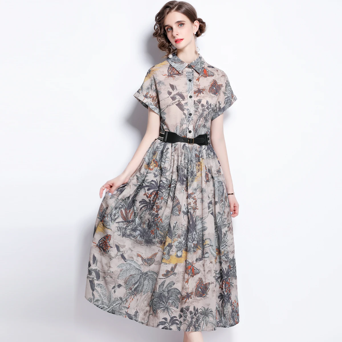 Designer Summer Women\'s A-Line Dresses 2023 Runway Elegant Lapel Short Sleeve Vintage Printed Midi Vestidos Robes Ladies M1861