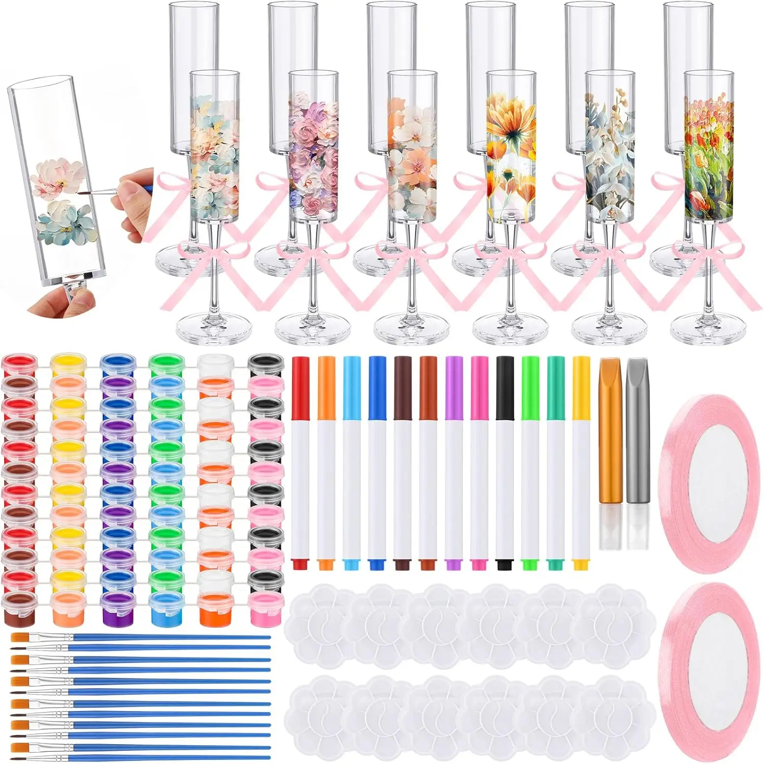 

12 Sets Wine Glass Painting Kit with Acrylic Paints, Brushes, Markers & Ribbons for Girls Night, Wedding, Bridal Shower